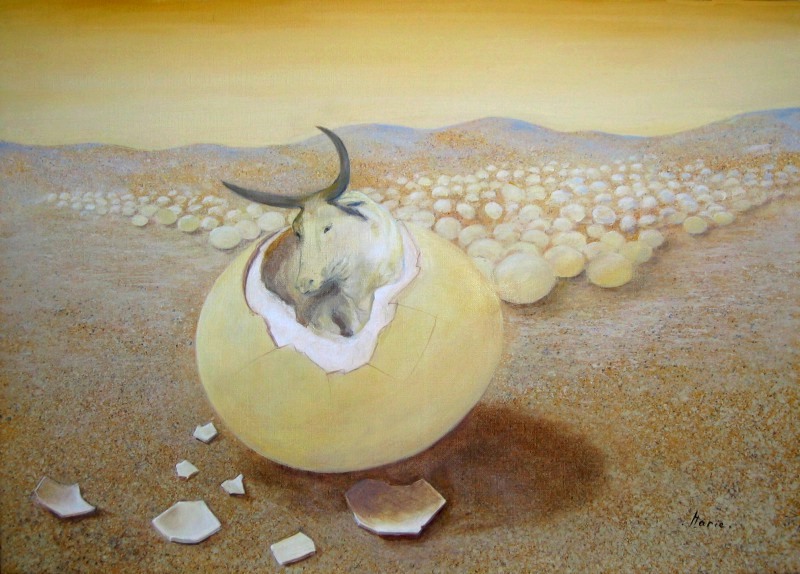 Qui vole un boeuf vole un oeuf... non, qui vole un oeuf vole un boeuf !  Peinture par Marie � l'Atelier du Pommier, Saint Clair sur Epte