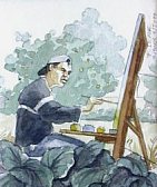 in a cabbage patch, while working at the painting at left,  sketche by Frederic Lere. 